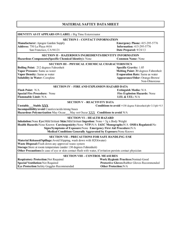 Big Time Exterminator MSDS